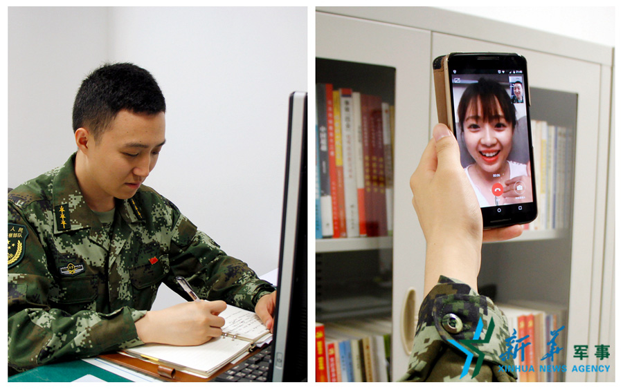 &uarr;陳德正，武警北京總隊(duì)七支隊(duì)某中隊(duì)指導(dǎo)員。七夕前夜堅(jiān)守在值班崗位上的他，在結(jié)束值班后給妻子打了個(gè)視頻電話，通過網(wǎng)絡(luò)表達(dá)著對(duì)妻子的愛意。閆星辰 攝