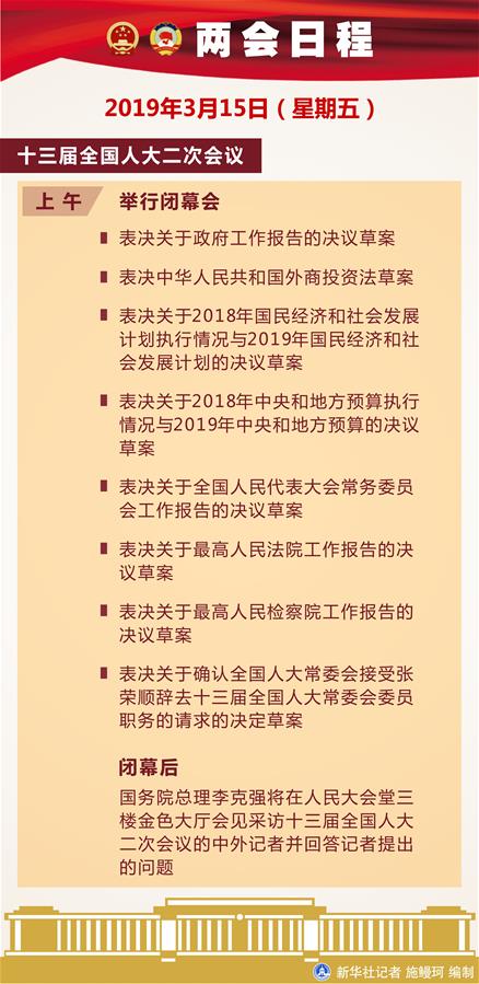 （圖表）[兩會(huì)日程預(yù)告]3月15日兩會(huì)日程