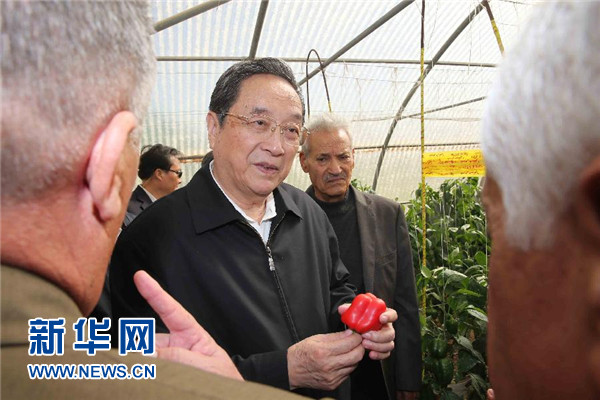 11月8日，正在約旦進(jìn)行正式友好訪問的全國政協(xié)主席俞正聲在約旦河谷參觀碩果農(nóng)業(yè)合作社。 新華社記者 劉衛(wèi)兵 攝 